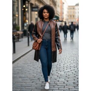 Plus Size Faux Leather Color Block Mid Length Zip Front Jacket 2XL‎